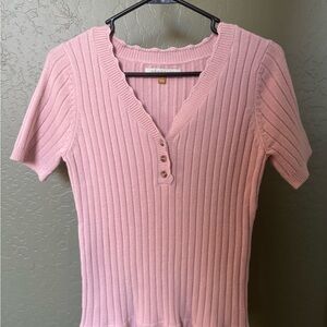 Pink Ribbed V-Neck Women's Top